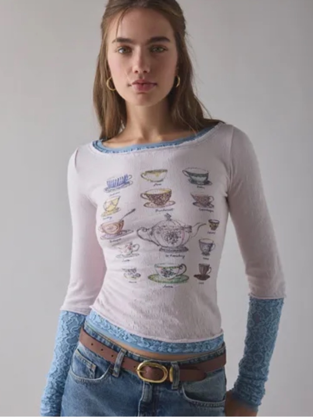 Kimchi Blue Pink Tea Cup Layered Graphic Long-Sleeve Tee